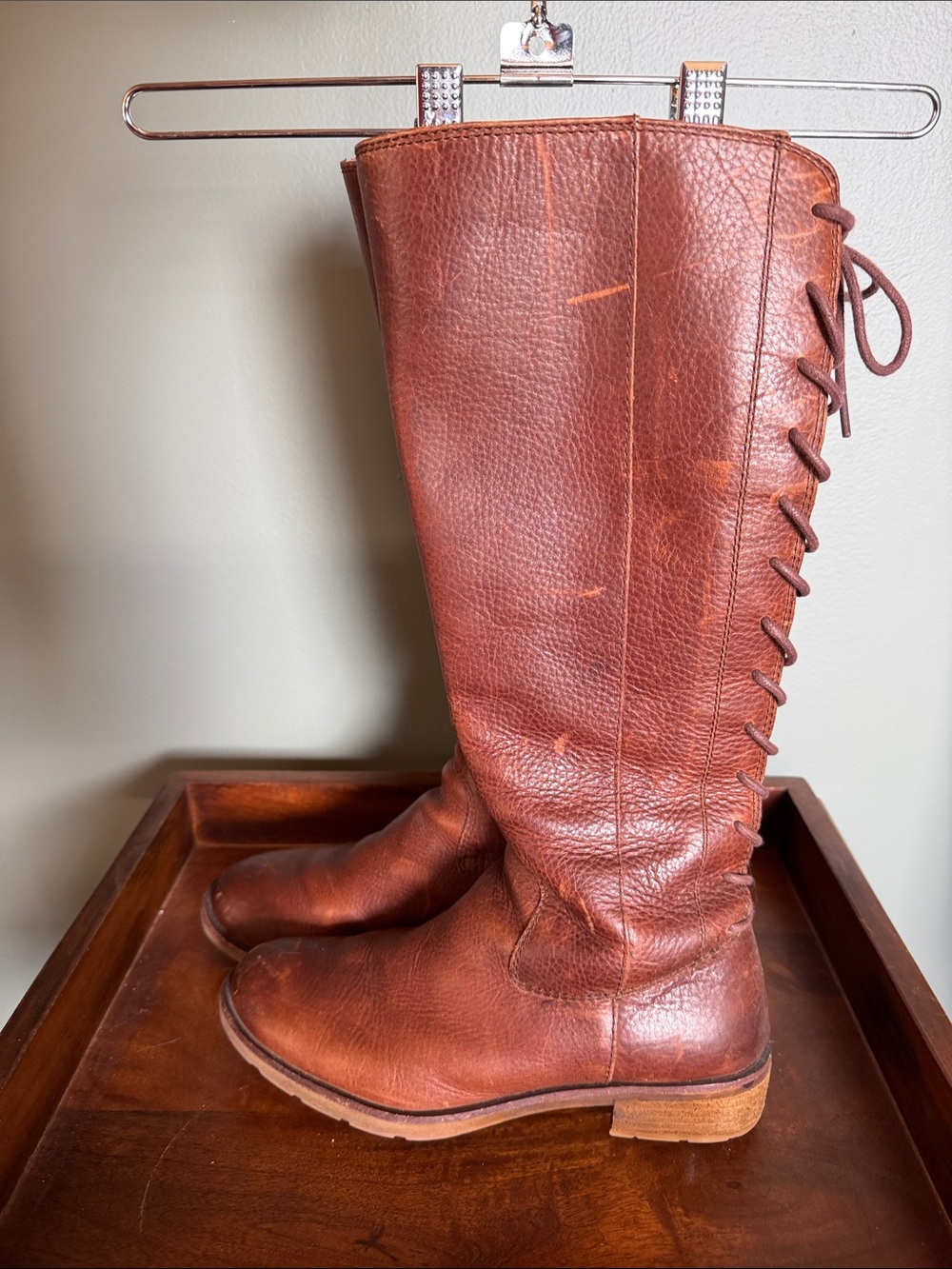 Aqua Tall Lace-Up Leather Boots in Chestnut Brown